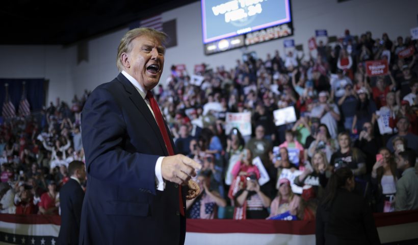 CONWAY, SOUTH CAROLINA - FEBRUARY 10: Republican presidential candidate and former President Donald Trump gestures to members of the audience as he leaves a Get Out The Vote rally at Coastal Carolina University on February 10, 2024 in Conway, South Carolina. South Carolina holds its Republican primary on February 24. (Photo by Win McNamee/Getty Images)