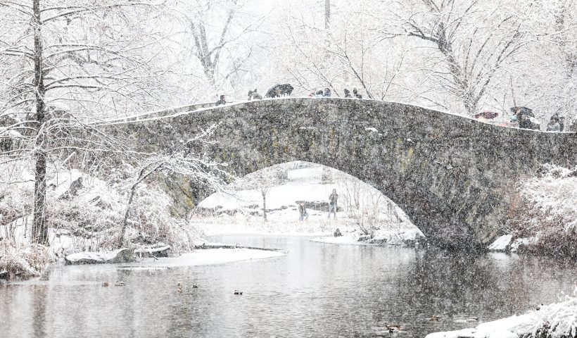 TOPSHOT - People walk through the falling snow in Central Park in New York City on February 13, 2024. Millions of people in the northeastern US were engulfed by snow on February 13 as a powerful winter storm battered the region causing flight cancellations and closing schools. (Photo by Charly TRIBALLEAU / AFP) (Photo by CHARLY TRIBALLEAU/AFP via Getty Images)