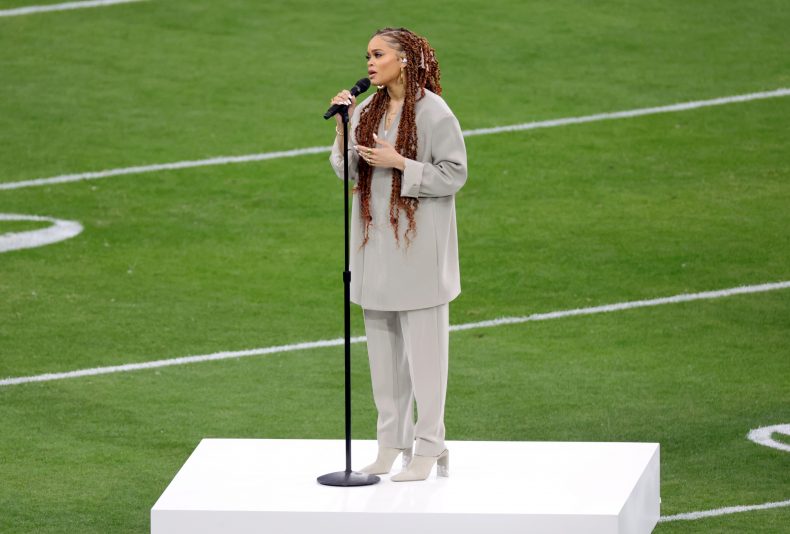 LAS VEGAS, NEVADA - FEBRUARY 11: Andra Day performs prior to Super Bowl LVIII at Allegiant Stadium on February 11, 2024 in Las Vegas, Nevada. (Photo by Ethan Miller/Getty Images)