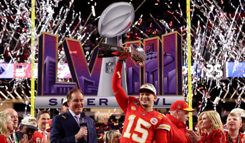 LAS VEGAS, NEVADA - FEBRUARY 11: Patrick Mahomes #15 of the Kansas City Chiefs holds the Lombardi Trophy after defeating the San Francisco 49ers 25-22 during Super Bowl LVIII at Allegiant Stadium on February 11, 2024 in Las Vegas, Nevada. (Photo by Jamie Squire/Getty Images)