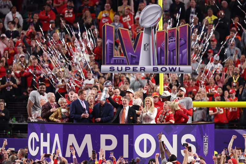 LAS VEGAS, NEVADA - FEBRUARY 11: Owner Clark Hunt of the Kansas City Chiefs holds the Lombardi Trophy after defeating the San Francisco 49ers 25-22 during Super Bowl LVIII at Allegiant Stadium on February 11, 2024 in Las Vegas, Nevada. (Photo by Steph Chambers/Getty Images)