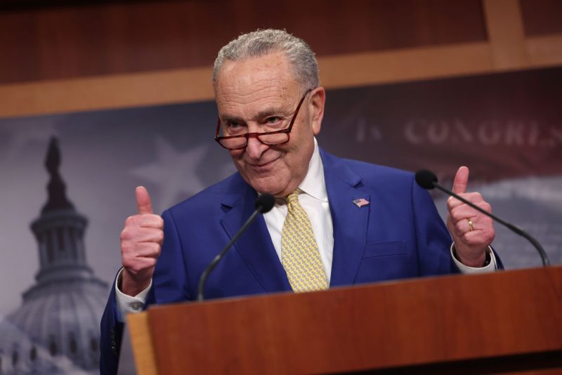 WASHINGTON, DC - FEBRUARY 13: U.S. Senate Majority Leader Charles Schumer (D-NY) speaks on the National Security Supplemental Bill during a press conference at the U.S. Capitol on February 13, 2024 in Washington, DC. The bill, which received contentious debate and months of negotiations in the Senate, provides military aid to Ukraine, Israel and Taiwan but is expected to be received with uncertainty in the House of Representatives. (Photo by Kevin Dietsch/Getty Images)