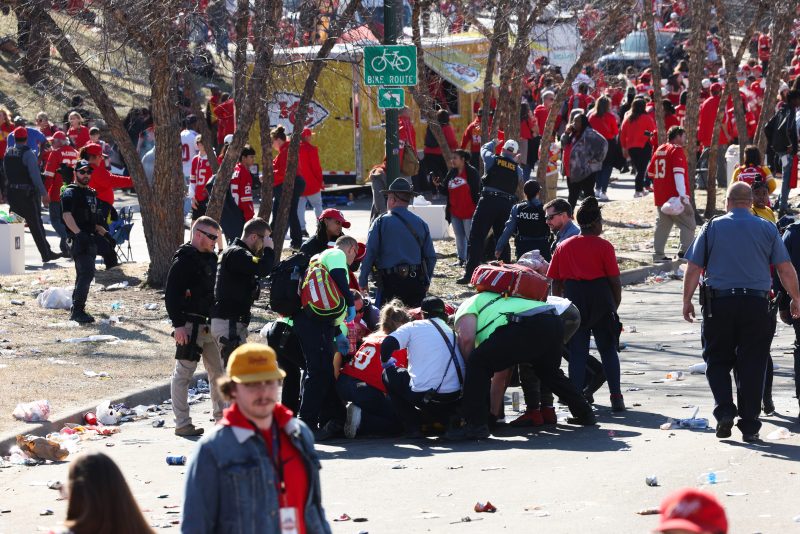 KANSAS CITY, MISSOURI - FEBRUARY 14: Law enforcement and medical personnel respond to a shooting at Union Station during the Kansas City Chiefs Super Bowl LVIII victory parade on February 14, 2024 in Kansas City, Missouri. Several people were shot and two people were detained after a rally celebrating the Chiefs Super Bowl victory. (Photo by Jamie Squire/Getty Images)
