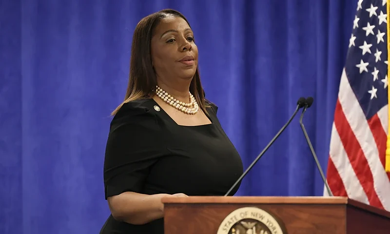 NEW YORK, NY - FEBRUARY 16: Attorney General Letitia James arrives for a press conference following a verdict against former U.S. President Donald Trump in a civil fraud trial on February 16, 2024 in New York City. Justice Arthur Engoron ruled against the former president finding him liable for conspiring to manipulating his networth and fining him $335 million and imposing a three year ban from serving in top roles at any NY company. The judge also banned Eric and Donald Trump Jr. for two years as well as a fine of more than four million dollars. (Photo by Michael M. Santiago/Getty Images)