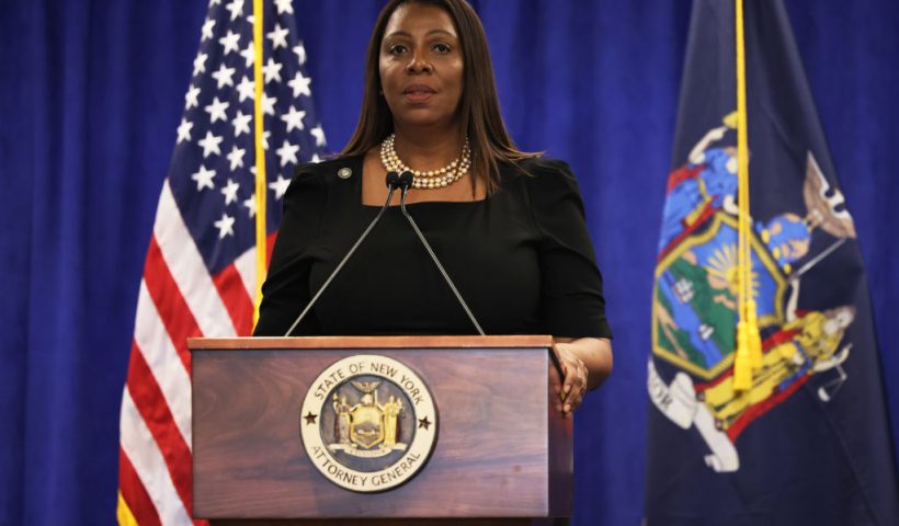 NEW YORK, NY - FEBRUARY 16: Attorney General Letitia James speaks during a press conference following a verdict against former U.S. President Donald Trump in a civil fraud trial on February 16, 2024 in New York City. Justice Arthur Engoron ruled against the former president finding him liable for conspiring to manipulating his networth and fining him $335 million and imposing a three year ban from serving in top roles at any NY company. The judge also banned Eric and Donald Trump Jr. for two years as well as a fine of more than four million dollars. (Photo by Michael M. Santiago/Getty Images)