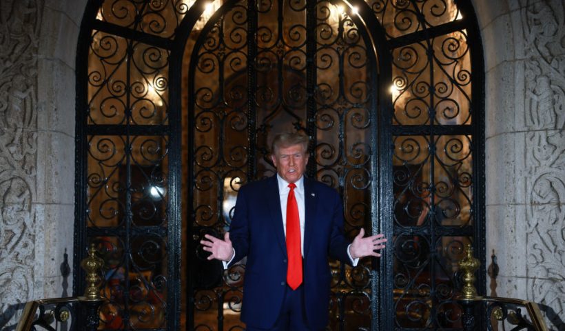 WEST PALM BEACH, FLORIDA - FEBRUARY 16: Former U.S. President and current GOP Presidential candidate Donald Trump addresses the press at Mar-a-Lago on February 16, 2024, in West Palm Beach, Florida. Trump spoke about a New York judge who ordered him to pay $355 million and barred him from running New York businesses for fraudulently inflating net worth. (Photo by Joe Raedle/Getty Images)