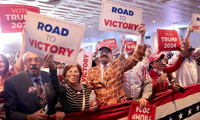 COLUMBIA, SOUTH CAROLINA - FEBRUARY 24: Supporters of Republican presidential candidate and former President Donald Trump cheer during an election night watch party at the State Fairgrounds on February 24, 2024 in Columbia, South Carolina. South Carolina held its Republican primary today. (Photo by Win McNamee/Getty Images)