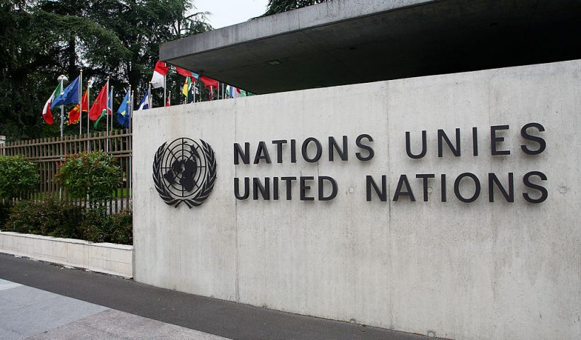 GENEVA - JUNE 08: The United Nations emblem is seen in front of the United Nations Office (UNOG) on June 8, 2008 in Geneva, Switzerland. Housed at the Palais des Nations, the United Nations Office at Geneva serves as the representative office of the Secretary-General at Geneva. A focal point for multilateral diplomacy, UNOG services more than 8,000 meetings every year, making it one of the busiest conference centres in the world. With more than 1,600 staff, it is the biggest duty stations outside of United Nations headquarters in New York. (Photo by Johannes Simon/Getty Images)