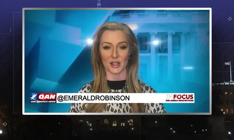Video still from In Focus on One America News Network during an interview with the guest, Emerald Robinson.