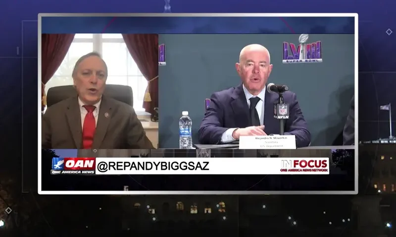 Video still from In Focus on One America News Network during an interview with the guest, Rep. Andy Biggs.