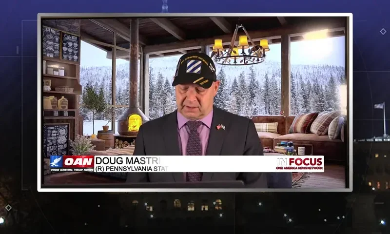 Video still from In Focus on One America News Network during an interview with the guest, Doug Mastriano.