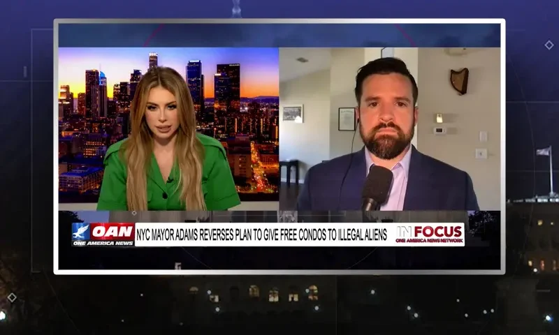 Video still from In Focus on One America News Network showing a split screen of the host on the left side, and on the right side is the guest, Dan Lyman.