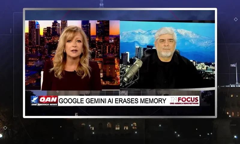 Video still from In Focus on One America News Network showing a split screen of the host on the left side, and on the right side is the guest, Joe Messina.