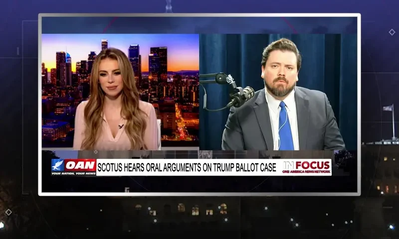 Video still from In Focus on One America News Network showing a split screen of the host on the left side, and on the right side is the guest, Paul Harrell.