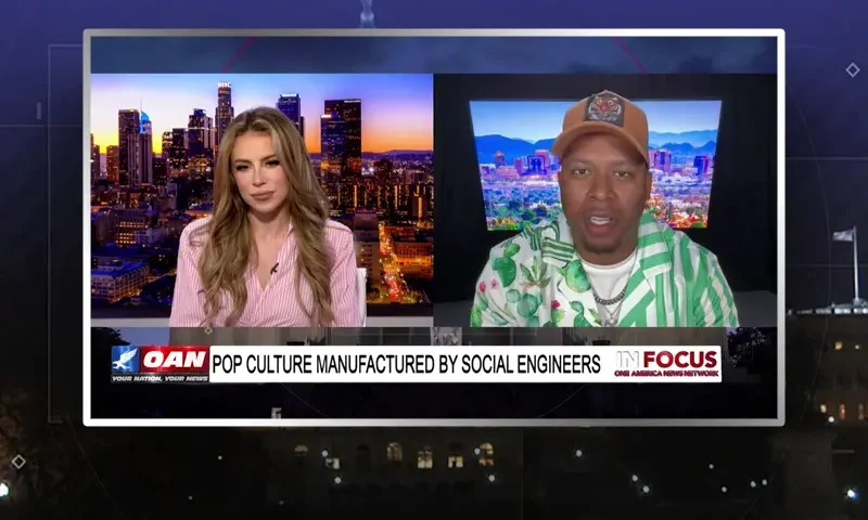 Video still from In Focus on One America News Network showing a split screen of the host on the left side, and on the right side is the guest, Anthony Watson.