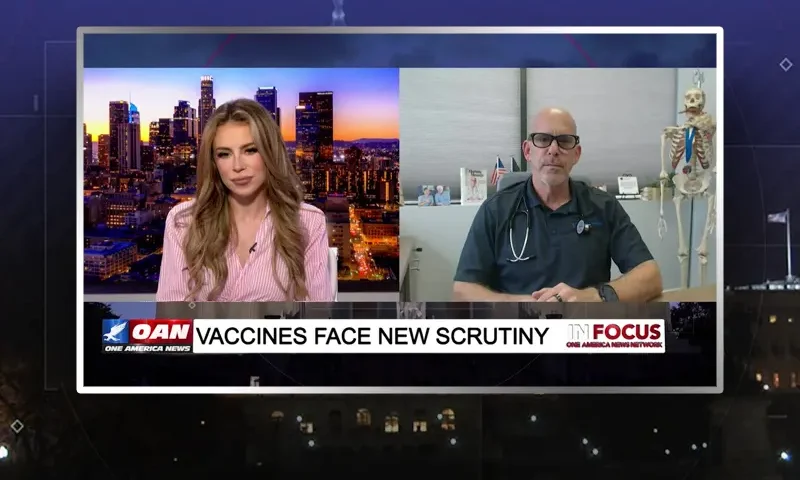 Video still from In Focus on One America News Network showing a split screen of the host on the left side, and on the right side is the guest, Dr. Jeff Barke.