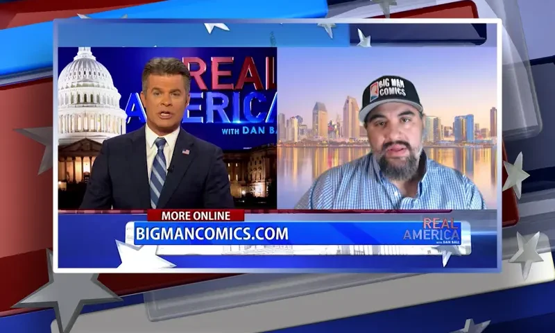 Video still from Real America on One America News Network showing a split screen of the host on the left side, and on the right side is the guest, Gabe Eltaeb.