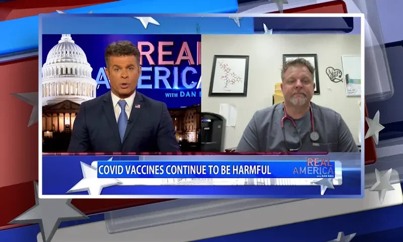 Video still from Real America on One America News Network showing a split screen of the host on the left side, and on the right side is the guest, Dr. Brian Tyson.