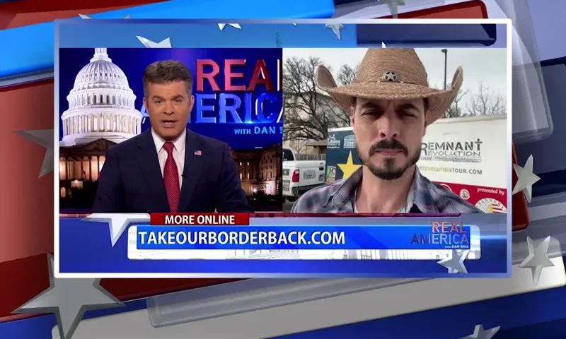 Video still from Real America on One America News Network showing a split screen of the host on the left side, and on the right side is the guest, Robert Agge.