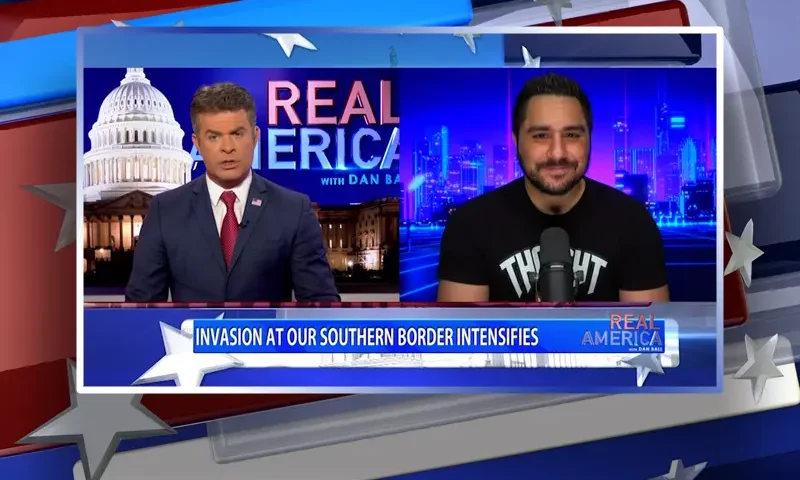 Video still from Real America on One America News Network showing a split screen of the host on the left side, and on the right side is the guest, Drew Hernandez.