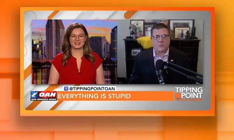 Video still from Tipping Point on One America News Network showing a split screen of the host on the left side, and on the right side is the guest, Jim Nelles.