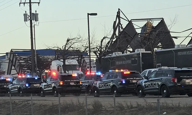 Authorities respond to the scene of a reported building collapse near the Boise Airport on Wednesday, Jan. 31, 2024, in Boise, Idaho. (Terra Furman via AP)