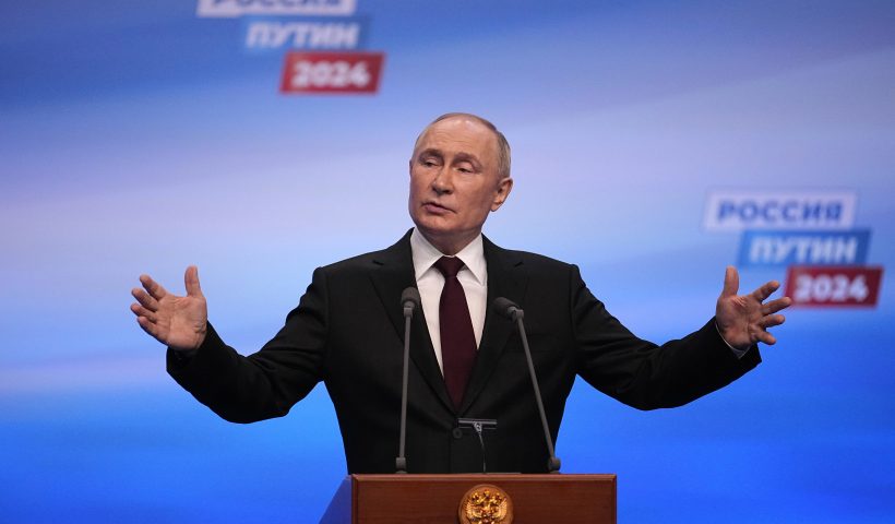 Russian President Vladimir Putin speaks on a visit to his campaign headquarters after a presidential election in Moscow, early Monday, March 18, 2024. (AP Photo/Alexander Zemlianichenko)