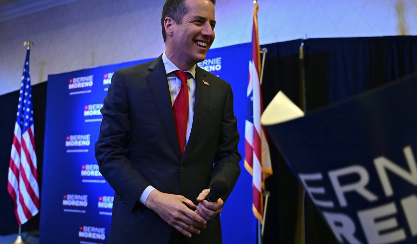 Cleveland businessman Bernie Moreno, a Republican candidate for U.S. Senate, smiles at supporters during his primary election night watch party in Westlake, Ohio, Tuesday, March 19, 2024. (AP Photo/David Dermer)