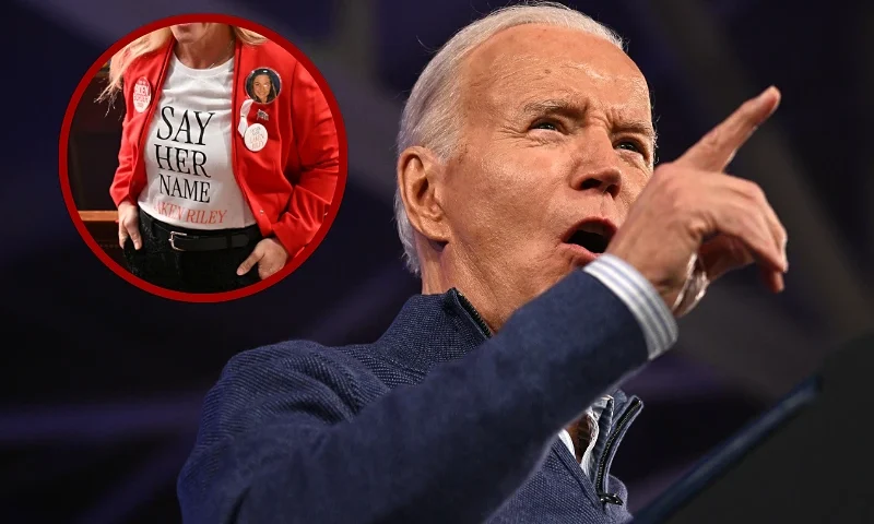 (L) US Representative Marjorie Taylor-Greene (R-GA) wears a shirt and button showing slain Georgia college student Laken Riley ahead of US President Joe Biden's State of the Union address in the House Chamber of the US Capitol in Washington, DC, on March 7, 2024. (Photo by Mandel NGAN / AFP) (Photo by MANDEL NGAN/AFP via Getty Images) / (R) US President Joe Biden speaks at a campaign event in Philadelphia, Pennsylvania, on March 8, 2024. (Photo by Jim WATSON / AFP) (Photo by JIM WATSON/AFP via Getty Images)