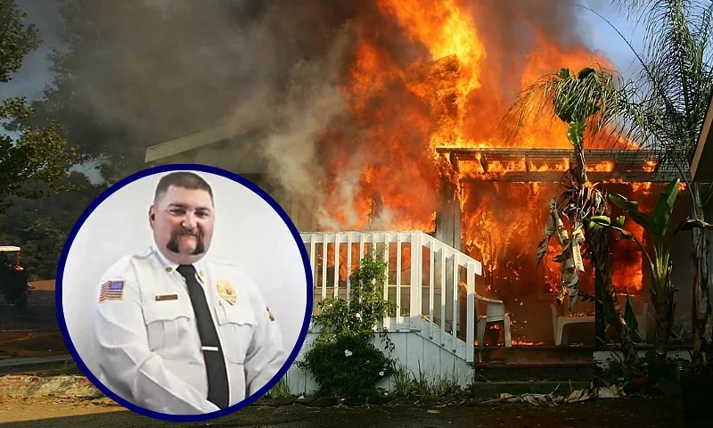 (L) Fritch Fire Chief Zeb Smith. (Photo via: City of Borger / Hutchinson County OEM) / (R) JAMUL, CA - OCTOBER 24: A US forestry firefighter cools a burning modular home to protect a nearby structure in Deerhorn Valley as the Harris Fire continues growing beyond 70,000 acres on October 24, 2007 near Jamul, California. Southern California is being ravaged by numerous record wildfires as Santa Ana Wind conditions push them into communities surrounded by native Chaparral habitat that has been dried by the driest rain season since records began 130 years ago. The fires are shaping up to be the worst wildfire event in San Diego County history. As many as 500,000 people have been evacuated from their homes. (Photo by David McNew/Getty Images)
