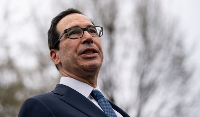 WASHINGTON, DC - MARCH 13: U.S. Treasury Secretary Steven Mnuchin speaks to the press outside of the West Wing of the White House on March 13, 2020 in Washington, DC. Mnuchin fielded questions about the economic effects of the coronavirus pandemic. (Photo by Drew Angerer/Getty Images)