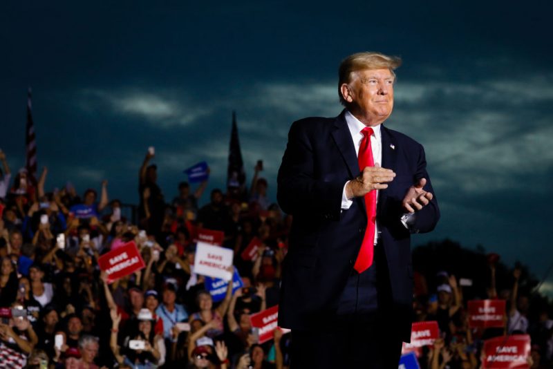 SARASOTA, FL - JULY 03: Former U.S. President Donald Trump arrives to hold a rally on July 3, 2021 in Sarasota, Florida. Co-sponsored by the Republican Party of Florida, the rally marks Trump's further support of the MAGA agenda and accomplishments of his administration. (Photo by Eva Marie Uzcategui/Getty Images)