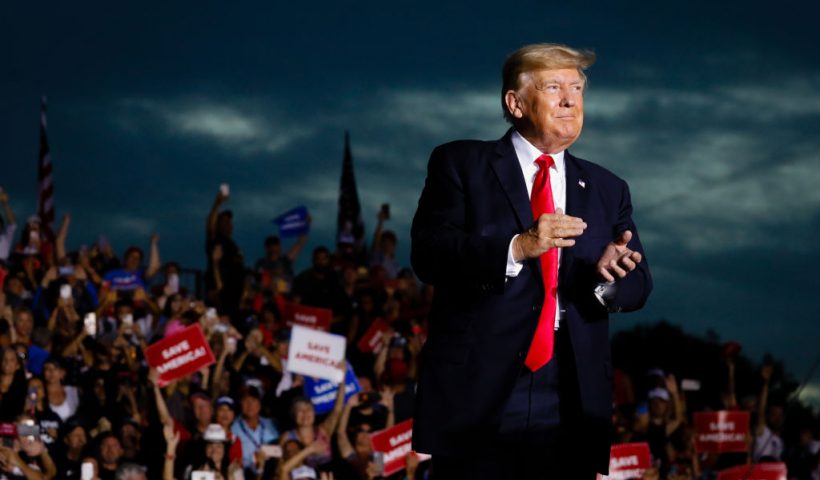 SARASOTA, FL - JULY 03: Former U.S. President Donald Trump arrives to hold a rally on July 3, 2021 in Sarasota, Florida. Co-sponsored by the Republican Party of Florida, the rally marks Trump's further support of the MAGA agenda and accomplishments of his administration. (Photo by Eva Marie Uzcategui/Getty Images)