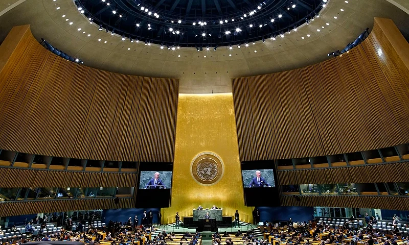 NEW YORK, NEW YORK - SEPTEMBER 21: U.S. President Joe Biden addresses the 76th Session of the U.N. General Assembly on September 21, 2021 at U.N. headquarters in New York City. More than 100 heads of state or government are attending the session in person, although the size of delegations is smaller due to the Covid-19 pandemic. (Photo by Eduardo Munoz-Pool/Getty Images)
