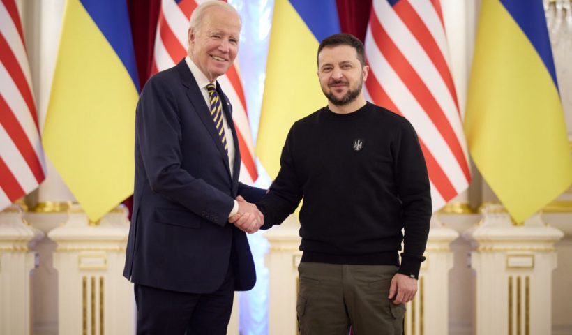 KYIV, UKRAINE - FEBRUARY 20: In this handout photo issued by the Ukrainian Presidential Press Office, U.S. President Joe Biden meets with Ukrainian President Volodymyr Zelensky at the Ukrainian presidential palace on February 20, 2023 in Kyiv, Ukraine. The US President made his first visit to Kyiv since Russia's large-scale invasion last February 24. (Photo by Ukrainian Presidential Press Office via Getty Images)
