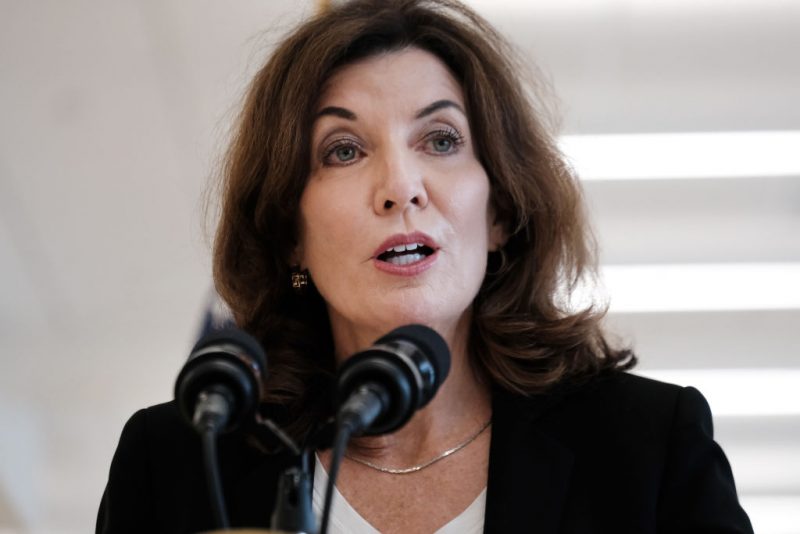 NEW YORK, NEW YORK - AUGUST 18: Lt. Gov. Kathy Hochul speaks to the media after a tour in a Queens public school to view safety precautions ahead of its opening during the continued Covid outbreak on August 18, 2021 in New York City. Hochul, who will become the governor of New York State on August 24th, is replacing current governor Andrew Cuomo who is resigning following numerous allegations of sexual misconduct. (Photo by Spencer Platt/Getty Images)