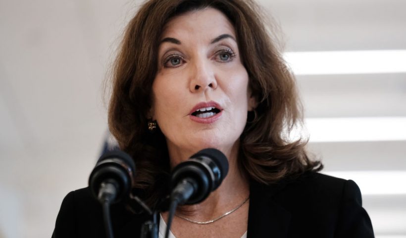 NEW YORK, NEW YORK - AUGUST 18: Lt. Gov. Kathy Hochul speaks to the media after a tour in a Queens public school to view safety precautions ahead of its opening during the continued Covid outbreak on August 18, 2021 in New York City. Hochul, who will become the governor of New York State on August 24th, is replacing current governor Andrew Cuomo who is resigning following numerous allegations of sexual misconduct. (Photo by Spencer Platt/Getty Images)