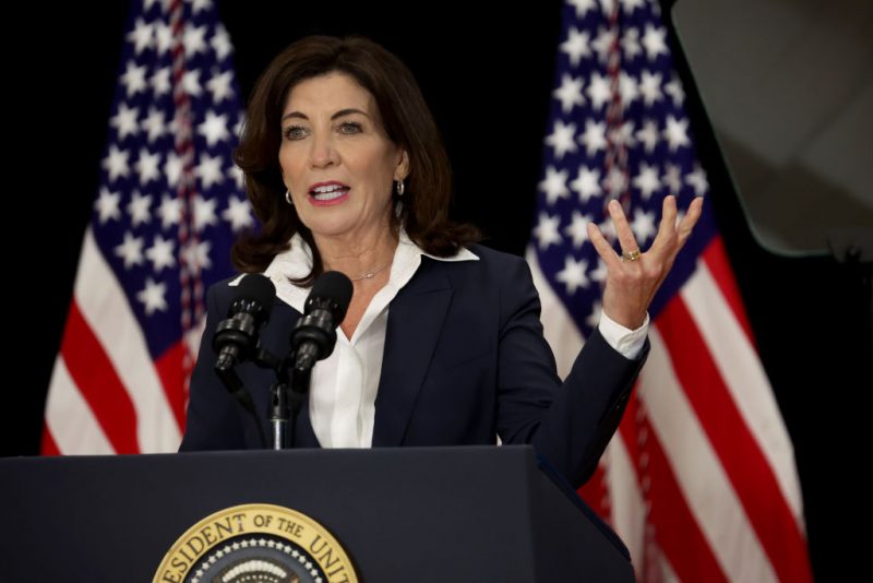 BUFFALO, NEW YORK - MAY 17: New York Governor Kathy Hochul speaks to guests during an event with US President Joe Biden and several family members of victims of the Tops market shooting at the Delavan Grider Community Center on May 17, 2022 in Buffalo, New York. Biden along with first lady Dr. Jill Biden placed flowers at a memorial outside of the market and met with family members of victims during their visit to the city. A gunman opened fire Saturday at the store killing ten people and wounding another three. The attack was believed to be motivated by racial hatred. (Photo by Scott Olson/Getty Images)