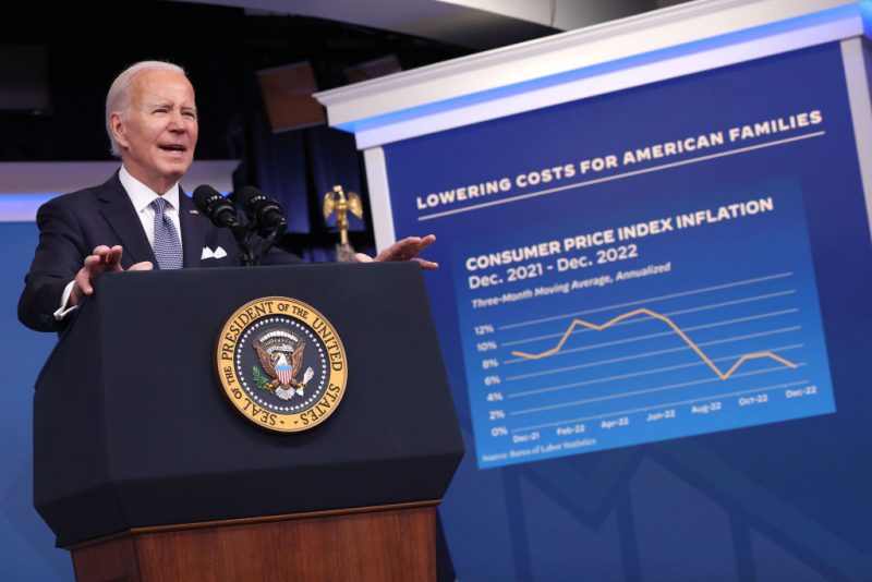 WASHINGTON, DC - JANUARY 12: U.S. President Joe Biden delivers remarks on the economy and inflation in the Eisenhower Executive Office Building on January 12, 2023 in Washington, DC. Biden spoke on his Administration's actions to lower the inflation rate, reduce gas prices and create manufacturing jobs for Americans. (Photo by Kevin Dietsch/Getty Images)
