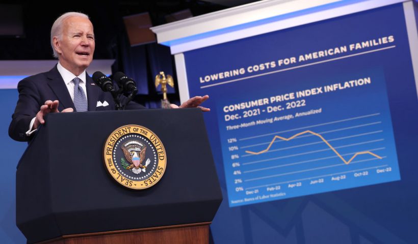 WASHINGTON, DC - JANUARY 12: U.S. President Joe Biden delivers remarks on the economy and inflation in the Eisenhower Executive Office Building on January 12, 2023 in Washington, DC. Biden spoke on his Administration's actions to lower the inflation rate, reduce gas prices and create manufacturing jobs for Americans. (Photo by Kevin Dietsch/Getty Images)