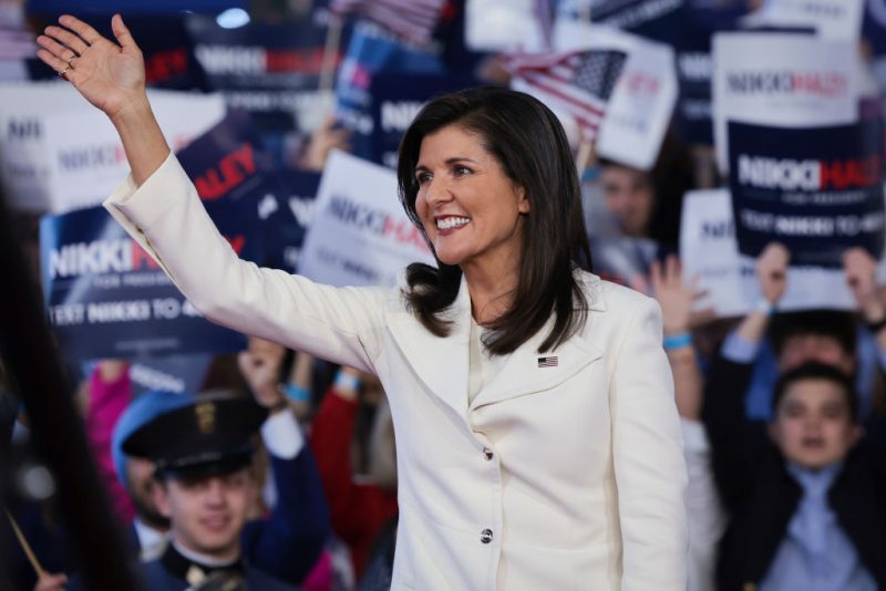 CHARLESTON, SOUTH CAROLINA - FEBRUARY 15: Republican presidential candidate Nikki Haley waves to supporters while arriving ather first campaign event on February 15, 2023 in Charleston, South Carolina. Former South Carolina Governor and United Nations ambassador Haley, officially announced her candidacy yesterday, making her the first Republican opponent to challenge former U.S. President Donald Trump. (Photo by Win McNamee/Getty Images)