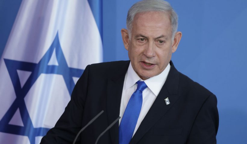 BERLIN, GERMANY - MARCH 16: Israeli Prime Minister Benjamin Netanyahu and German Chancellor Olaf Scholz (not pictured) speak to the media following talks at the Chancellery on March 16, 2023 in Berlin, Germany. Netanyahu's one-day visit to Berlin is being accompanied by protests, including both by people angry over Israel’s policies towards Palestinians as well as those critical of possible new legislation in Israel supported by Netanyahu that would undermine the independence and the power of Israel's Supreme Court, effectively curtailing democracy in Israel. (Photo by Sean Gallup/Getty Images)