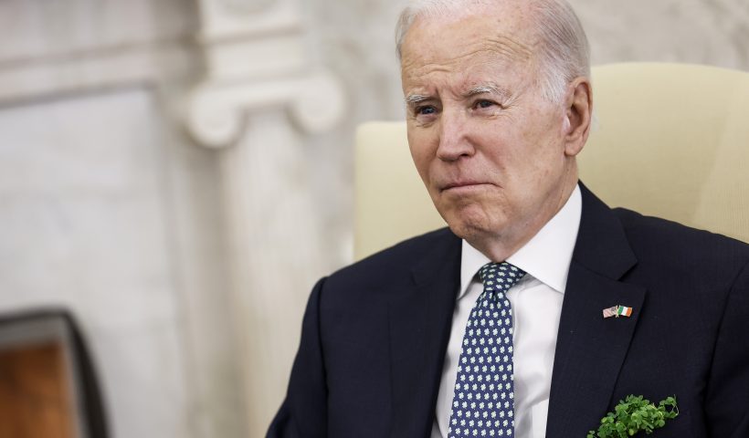 WASHINGTON, DC - MARCH 17: U.S. President Joe Biden speaks to journalists before a meeting with Irish Taoiseach Leo Varadkar in the Oval Office of the White House on March 17, 2023 in Washington, DC. U.S. President Biden and Prime Minister Varadkar will take part in a series of St. Patrick’s Day Celebrations at the White House and the U.S. Capitol. (Photo by Anna Moneymaker/Getty Images)