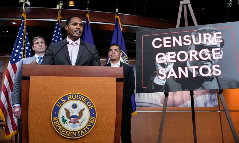House Lawmakers Return To Capitol Hill After The Weekend WASHINGTON, DC - JULY 17: (L-R) Rep. Dan Goldman (R-NY), Rep. Ritchie Torres (D-NY) and Rep. Robert Garcia (D-CA) hold a news conference about Rep. George Santos (R-NY) on Capitol Hill July 17, 2023 in Washington, DC. Torres is introducing a resolution to censure Santos, who has pleaded not guilty to 13 federal charges including money laundering and wire fraud. (Photo by Drew Angerer/Getty Images)