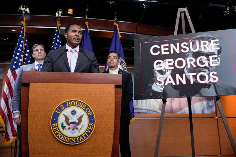 House Lawmakers Return To Capitol Hill After The Weekend
WASHINGTON, DC - JULY 17: (L-R) Rep. Dan Goldman (R-NY), Rep. Ritchie Torres (D-NY) and Rep. Robert Garcia (D-CA) hold a news conference about Rep. George Santos (R-NY) on Capitol Hill July 17, 2023 in Washington, DC. Torres is introducing a resolution to censure Santos, who has pleaded not guilty to 13 federal charges including money laundering and wire fraud. (Photo by Drew Angerer/Getty Images)