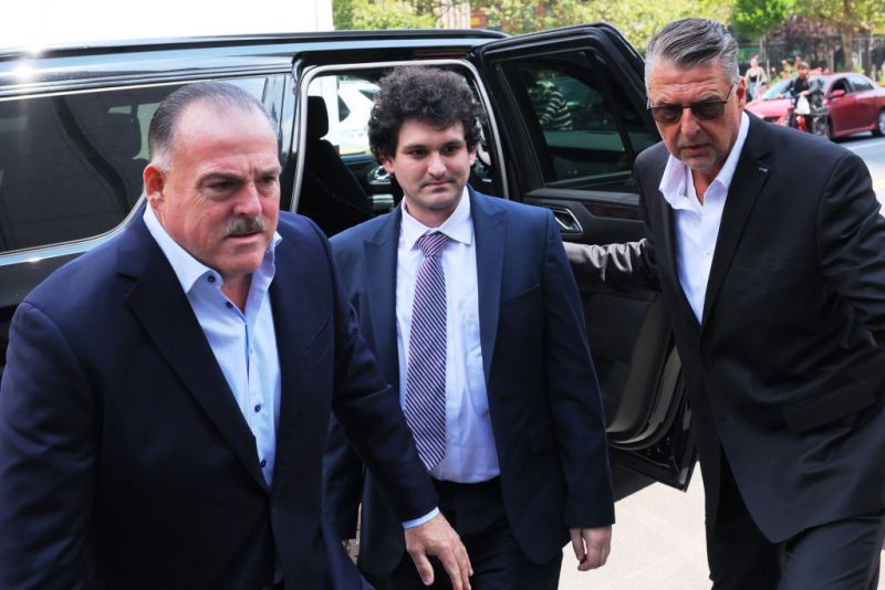NEW YORK, NEW YORK - AUGUST 11: Former FTX CEO Sam Bankman-Fried arrives for a bail hearing at Manhattan Federal Court on August 11, 2023 in New York City. Federal prosecutors are asking U.S. District Court Judge Lewis Kaplan to revoke Bankman-Fried's bail and to be jailed until his October criminal trial. Bankman-Fried who has pleaded not guilty to multiple conspiracy and fraud charges was accused of witness tampering after the New York Times published a story featuring personal documents of Caroline Ellison, former Alameda Research CEO. Judge Kaplan will also hear arguments on the gag order placed on Bankman-Fried that was placed as part of his bail agreement for the alleged witness tampering.  (Photo by Michael M. Santiago/Getty Images)