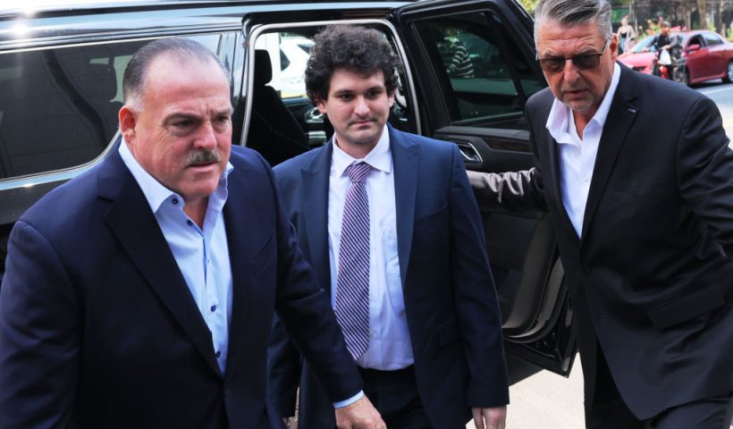 NEW YORK, NEW YORK - AUGUST 11: Former FTX CEO Sam Bankman-Fried arrives for a bail hearing at Manhattan Federal Court on August 11, 2023 in New York City. Federal prosecutors are asking U.S. District Court Judge Lewis Kaplan to revoke Bankman-Fried's bail and to be jailed until his October criminal trial. Bankman-Fried who has pleaded not guilty to multiple conspiracy and fraud charges was accused of witness tampering after the New York Times published a story featuring personal documents of Caroline Ellison, former Alameda Research CEO. Judge Kaplan will also hear arguments on the gag order placed on Bankman-Fried that was placed as part of his bail agreement for the alleged witness tampering. (Photo by Michael M. Santiago/Getty Images)