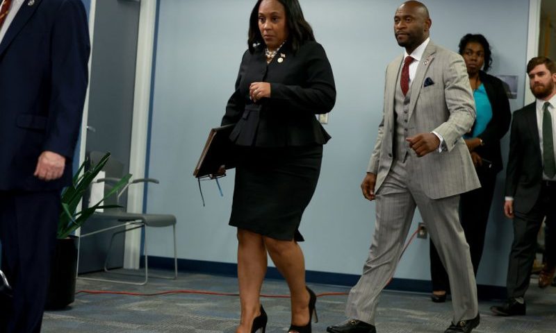 ATLANTA, GEORGIA - AUGUST 14: Fulton County District Attorney Fani Willis arrives to speak at a news conference at the Fulton County Government building on August 14, 2023 in Atlanta, Georgia. A grand jury today handed up an indictment naming former President Donald Trump and his Republican allies over an alleged attempt to overturn the 2020 election results in the state. (Photo by Joe Raedle/Getty Images)