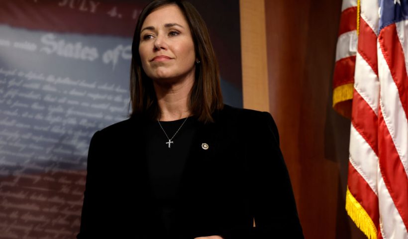 WASHINGTON, DC - SEPTEMBER 27: Sen. Katie Britt (R-AL) listens during a news conference on border security at the U.S. Capitol Building on September 27, 2023 in Washington, DC. Senate Republicans held the news conference to speak about the southern border and the need for more money for its security to be included in upcoming government funding legislation. (Photo by Anna Moneymaker/Getty Images)