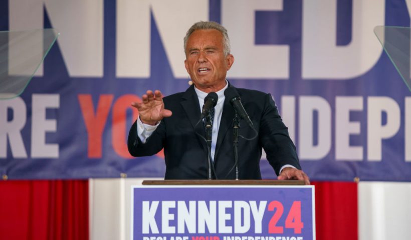 PHILADELPHIA, PENNSYLVANIA - OCTOBER 9: Presidential Candidate Robert F. Kennedy Jr. makes a campaign announcement at a press conference on October 9, 2023 in Philadelphia, Pennsylvania. Kennedy announced he will end his Democratic primary bid and will run for president as an independent. (Photo by Jessica Kourkounis/Getty Images)